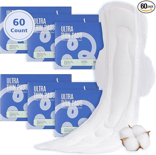 100% Organic Super Long Overnight Pads for Women Ultra Thin Sanitary Pads with Wings, Extra Heavy Flow Feminine Pads Ultimate Absorbency Extra Coverage Period Pads (Extra Long Overnight, Size 6, 60ct)