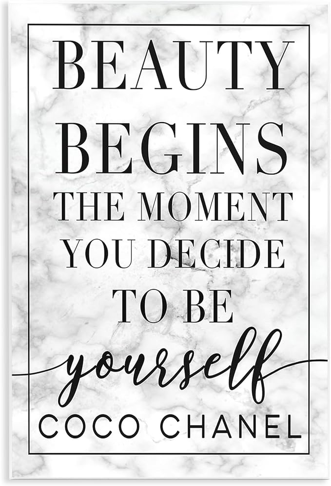 Stupell Industries Beauty Begins Once You Decide to Be Yourself White Marble Typography, Design by Daphne Polselli Wall Art, 10 x 15, Black