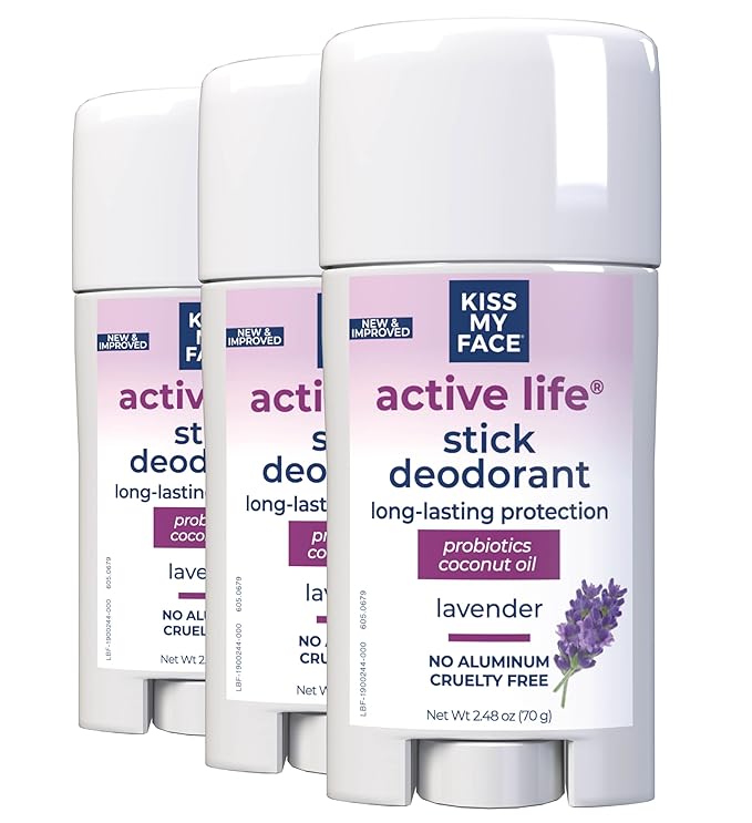 Kiss My Face Active Life Deodorant Contains Naturally Derived Ingredients, 72 Hour Odor Control | Deodorant for Women and Men, Aluminum Free with Coconut Oil and Probiotics, Lavender Scent, 3 pack