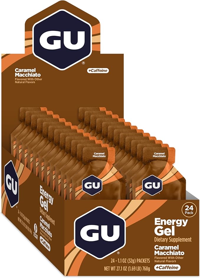 GU Energy Original Sports Nutrition Energy Gel, Vegan, Gluten-Free, Kosher, and Dairy-Free On-the-Go Energy for Any Workout, 24-Count, Caramel Macchiato