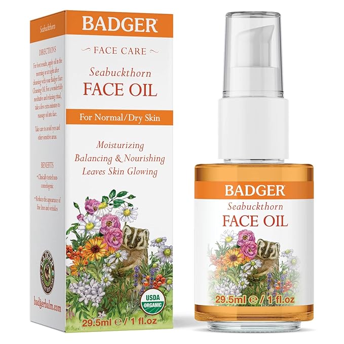 Badger Seabuckthorn Face Oil, Organic Face Moisturizer for Women & Men, Nourishing & Soothing Organic Jojoba, Baobab & Vitamin E Oil, Vegan Antioxidant Rich Facial Oil, 1 fl oz Glass Bottle