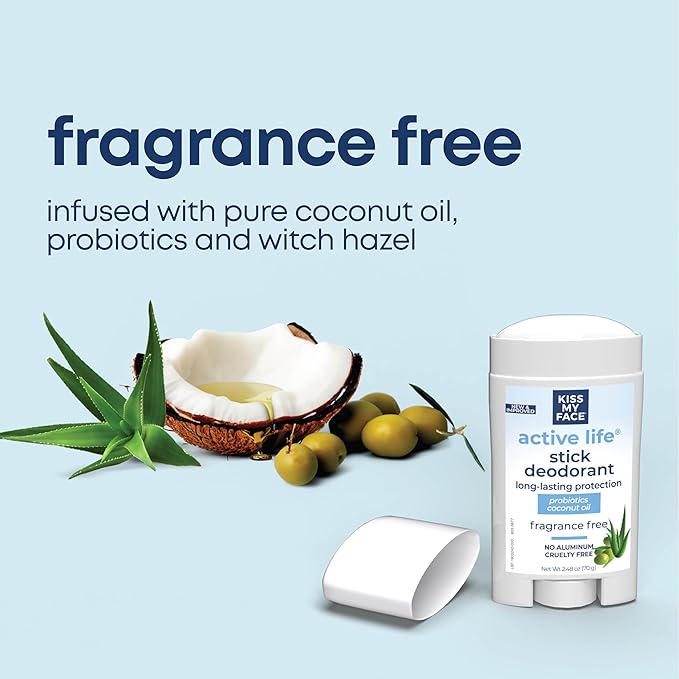 Kiss My Face Active Life Fragrance Free Deodorant, Aluminum Free Deodorant For Women And Men, With Added Grapefruit Seed Extract, Rosemary And Sage, 2.48 Oz Stick, 6 Pack