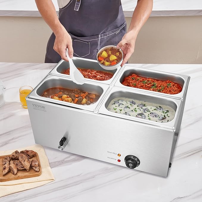 VEVOR 4-Pan Commercial Food Warmer, 15.9QT Electric Steam Table, 1200W Professional Countertop Stainless Steel Buffet Bain Marie with 86-185°F Temp Control for Catering and Restaurants, Silver