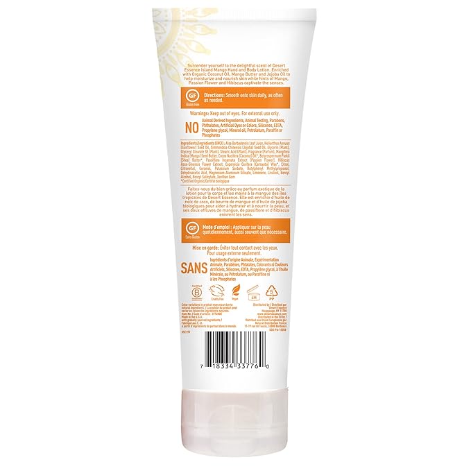Desert Essence, Island Mango Hand & Body Lotion 8 fl. oz. - Gluten Free - Vegan - Cruelty Free - Mango Seed Butter, Passion Flower & Organic Shea Butter - Luscious & Rich - Tropical Island Scent