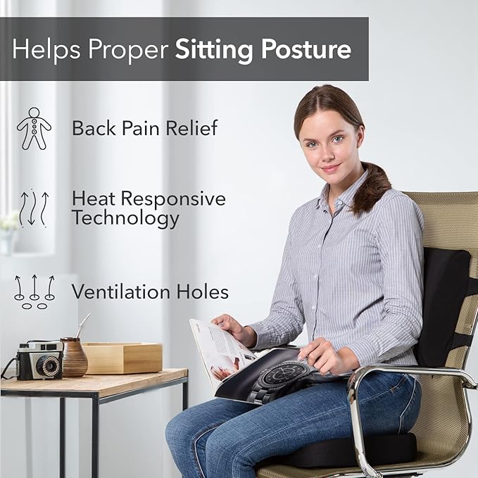 Everlasting Comfort Doctor Recommended Memory Foam Seat Cushion for Office Chairs & Car Seat - Ergonomic Office Desk Accessories for Tailbone Pain Relief, Sciatica & Lumbar Support