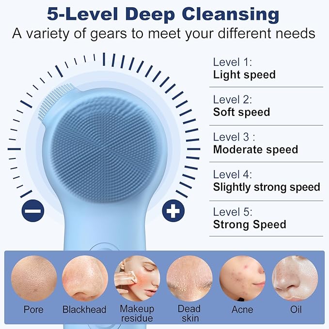 Facial Cleansing Brush, Silicone Electric Face Scrubber Waterproof Sonic Vibration Face Cleanser Brush for Men Women, Rechargeable Face Brushes with Nose Scrub Brush Exfoliating Massaging(Blue)