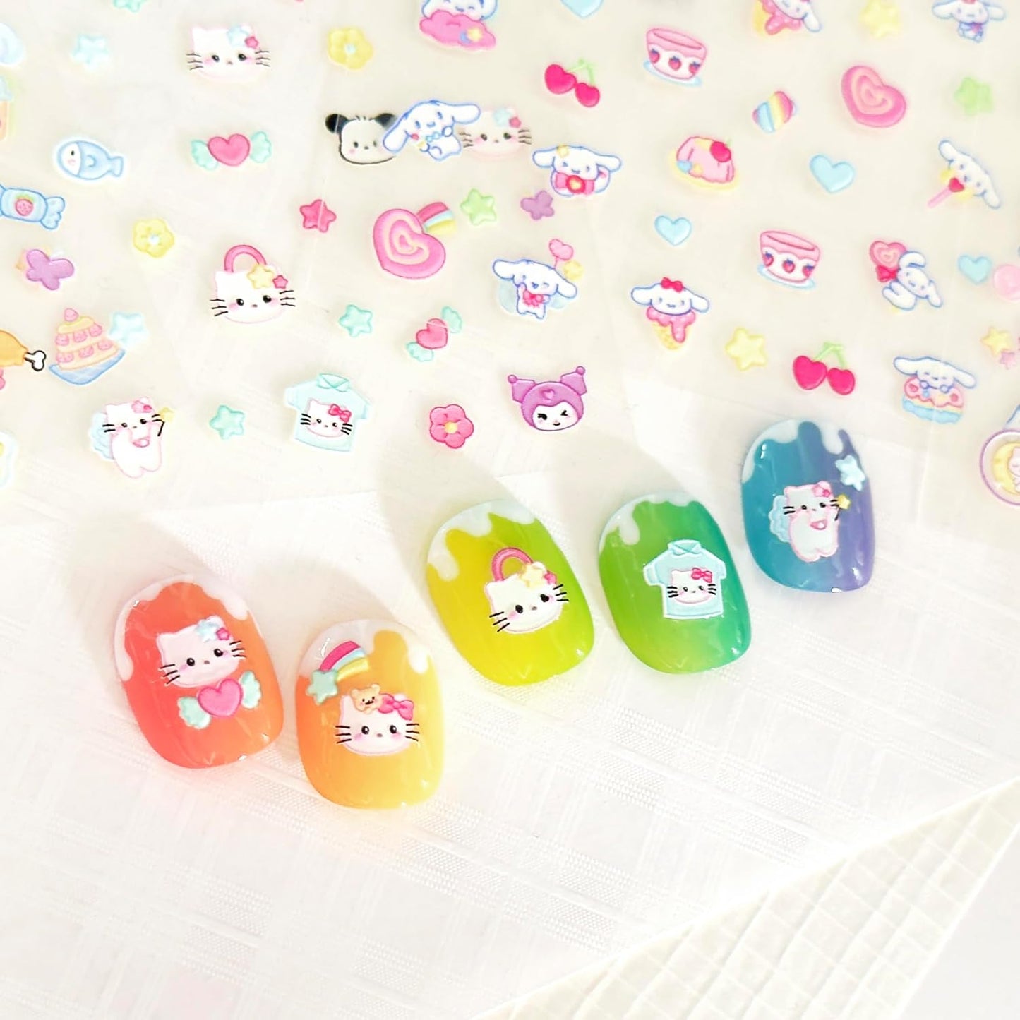 10 Sheets of 3D Nail Stickers - 719 Cute Nail Decals - Embossed Nail Stickers for Kids | Kawaii Theme - Butterfly, Flowers, Cats, Bunny, Stars, Fruits | Glow in The Dark