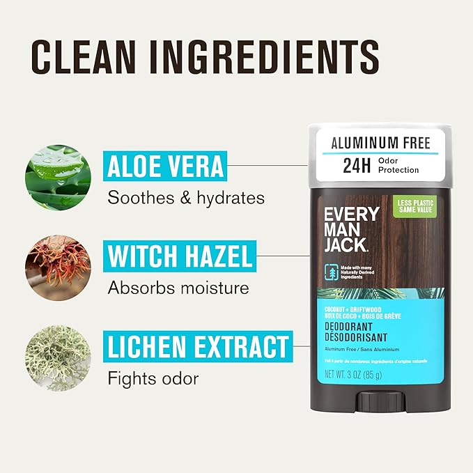 Every Man Jack Coconut Driftwood Men’s Deodorant - Stay Fresh with Aluminum Free Deodorant For all Skin Types - Odor Crushing, Long Lasting, with Naturally Derived Ingredients - 3oz (2 Pack)