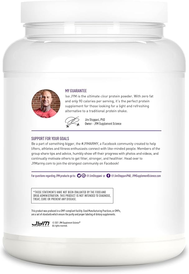 JYM Supplement Science Iso JYM Grape, 90 Calories, 100% Whey Protein Isolate, Zero Fat, Zero Sugars, Mixes Clear, for Women & Men, 20 Servings