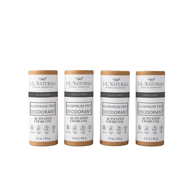 J&L Naturals Aluminum Free Deodorant for Men & Women | 100% Natural Ingredients With Coconut Oil, Shea Butter, & Essential Oils | Sustainable, Eco-Friendly (Activated Charcoal, 3.0 Oz (Pack of 4))
