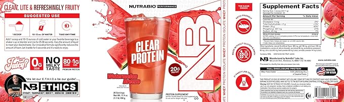 NutraBio Clear Whey Isolate Protein Powder, Delicious & Refreshing Fruit Flavors, Protein Juice, No Milky Taste, No Foam, Zero Sugar, Watermelon Breeze, 20 Servings
