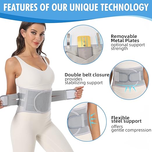 Back Brace for Lower Back Pain Relief - Back Support Belt for Women & Men for Herniated Disc, Sciatica. Removable Stays with 2 Different Hardness Sets (Grey, Large)