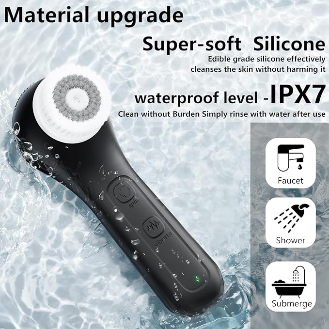 Vibrating and Rotating Face Scrubber, Waterproof Rechargeable Facial Cleansing Brush, 8 Modes Face Brush for Exfoliating and Massaging, for Removing Blackhead（Matte Black）