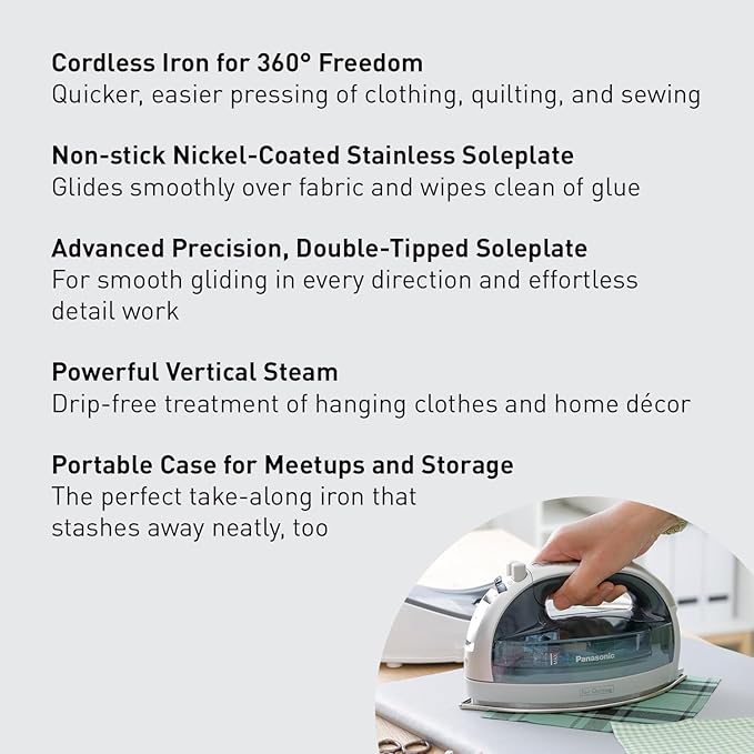 Panasonic NI-QL1100L Cordless Steam/Dry Iron, 1500W Wide Stainless Steel Plate, Silver/Light Blue