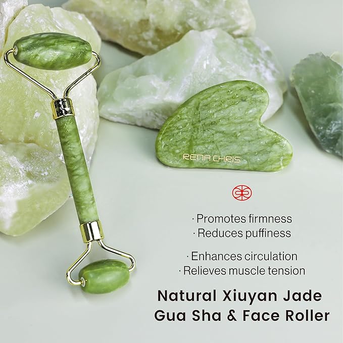 Rena Chris Gua Sha Facial Tool & Face Roller Set, Massage Spa Basket Set, Face Massager Tools Suitable for Skin Care Daily Routine, Puffiness, Body Massage
