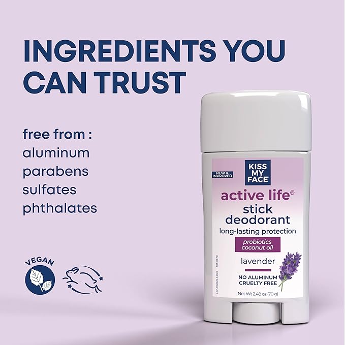 Kiss My Face Active Life Deodorant Contains Naturally Derived Ingredients, 72 Hour Odor Control | Deodorant for Women and Men, Aluminum Free with Coconut Oil and Probiotics, Lavender Scent, 3 pack