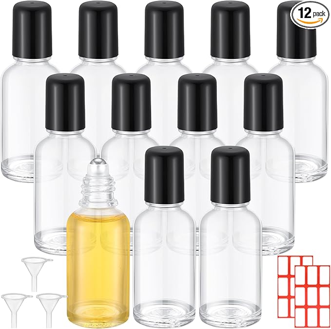 Sumind 12 Pcs 30ml Roller Glass Bottle Essential Oil with Stainless Steel Refillable Sample Container Brown Empty Roller Bottle Applicator with Funnel Sticker for Travel(Clear)