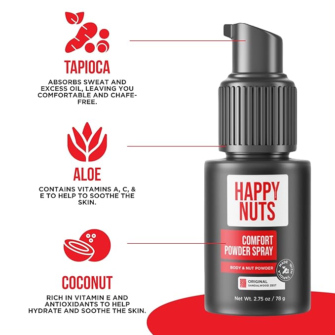 HAPPY NUTS Comfort Powder Spray: Anti Chafing & Mens Deodorant, Aluminum-Free, Sweat and Odor Control for Jock Itch, Groin and Men's Private Parts