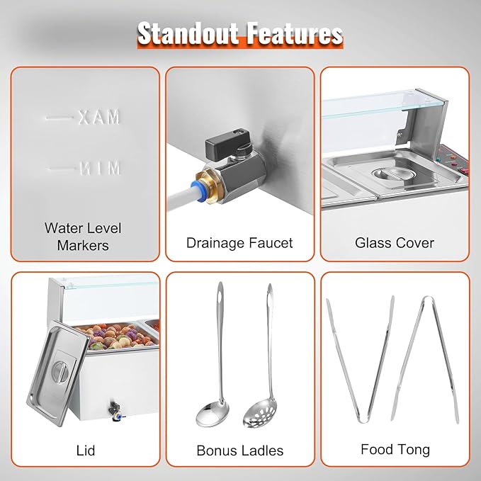 VEVOR 4-Pan Commercial Food Warmer, 4 x 12QT Electric Steam Table with Glass Cover, 1500W Countertop Stainless Steel Buffet Bain Marie 86-185°F Temp Control for Catering, Restaurants, Silver