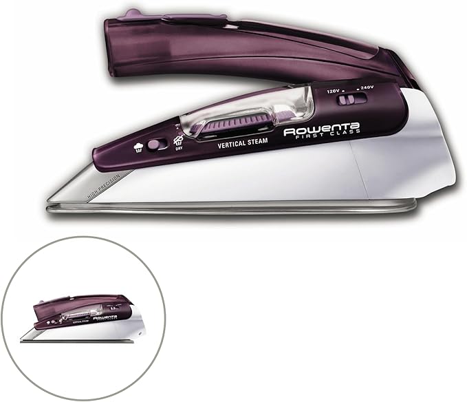 Rowenta Travel Iron, Pro Compact Stainless Steel Soleplate Hand Held Steamer Iron for Clothes, 200 Microsteam Holes, 1000 Watts Ironing, Fabric Steamer, Dual Voltage, Mini Iron, Purple, DA1560