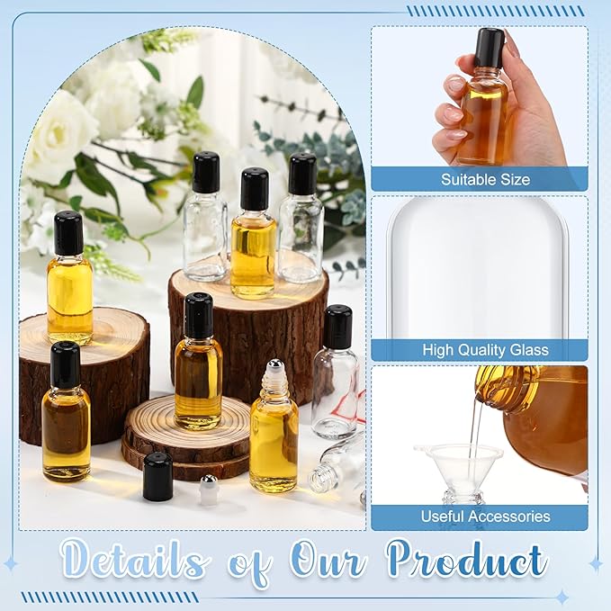 Sumind 12 Pcs 30ml Roller Glass Bottle Essential Oil with Stainless Steel Refillable Sample Container Brown Empty Roller Bottle Applicator with Funnel Sticker for Travel(Clear)