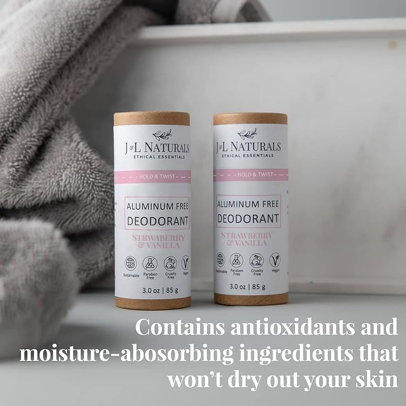 J&L Naturals Aluminum Free Deodorant for Men & Women | 100% Natural Ingredients With Coconut Oil, Shea Butter, & Essential Oils | Sustainable, Eco-Friendly (Strawberry & Vanilla, 3.0 Oz (Pack of 2))
