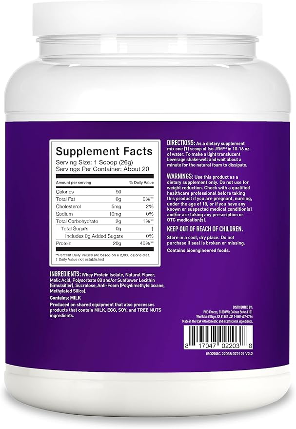 JYM Supplement Science Iso JYM Grape, 90 Calories, 100% Whey Protein Isolate, Zero Fat, Zero Sugars, Mixes Clear, for Women & Men, 20 Servings