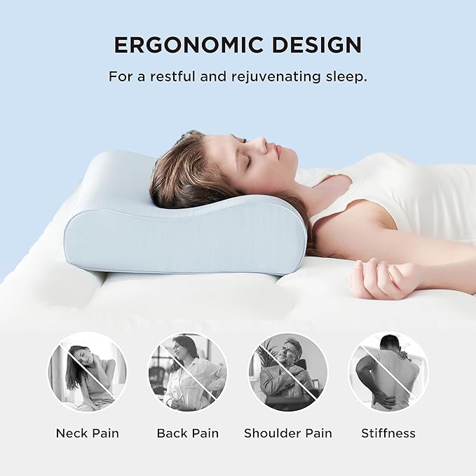 Bedsure Cervical Neck Pillow for Sleeping, Odorless Memory Foam with Cool-Touch Ice Pillowcases, Ergonomic Contour Pain Relief, Dorm Neck Support Pillows for Side, Back, Stomach Sleepers