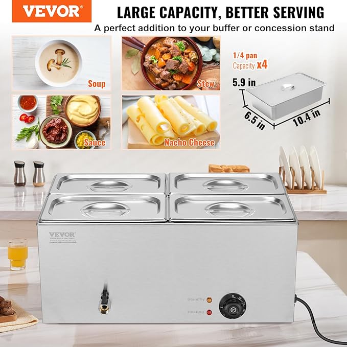 VEVOR 4-Pan Commercial Food Warmer, 15.9QT Electric Steam Table, 1200W Professional Countertop Stainless Steel Buffet Bain Marie with 86-185°F Temp Control for Catering and Restaurants, Silver