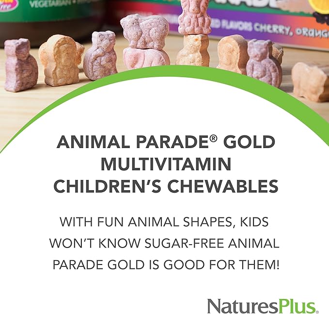 NaturesPlus Animal Parade Gold Multivitamin Children’s Chewables - Cherry Flavor - 60 Chewable Animal-Shaped Tablets - with Vitamin D3, K2 & Probiotics - 30 Servings