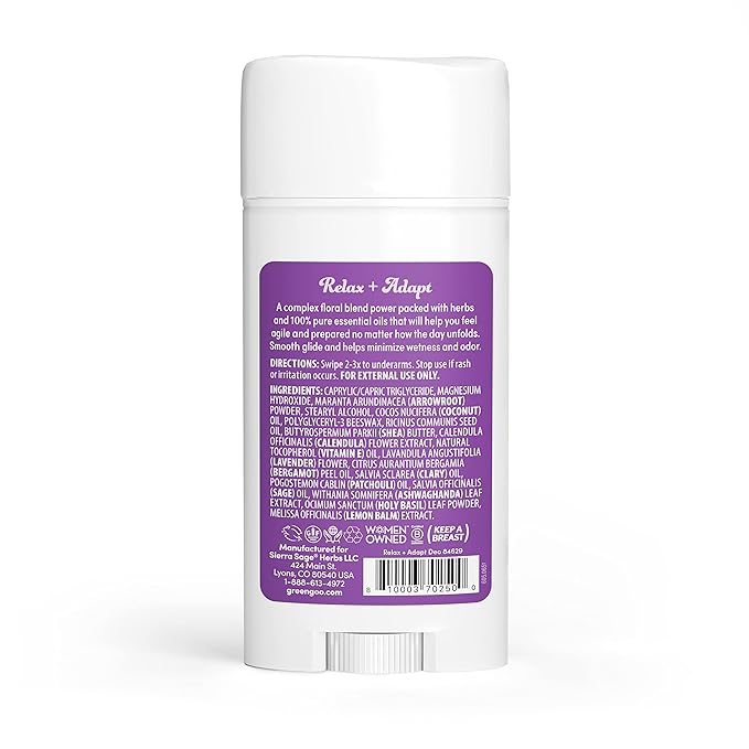 Green Goo Herbal Deodorant for Men and Women, Relax + Adapt with Lavender, Bergamot, Ashwagandha, and Holy Basil, 2.25 Ounce