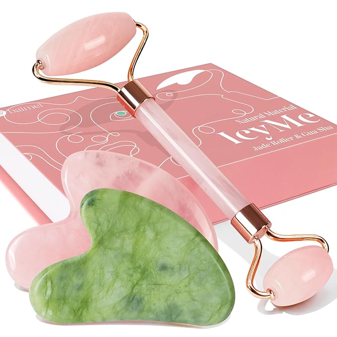 BAIMEI 2 Gua Sha Stones & 1 Rose Quartz Facial Roller Massage Set Skincare Tools