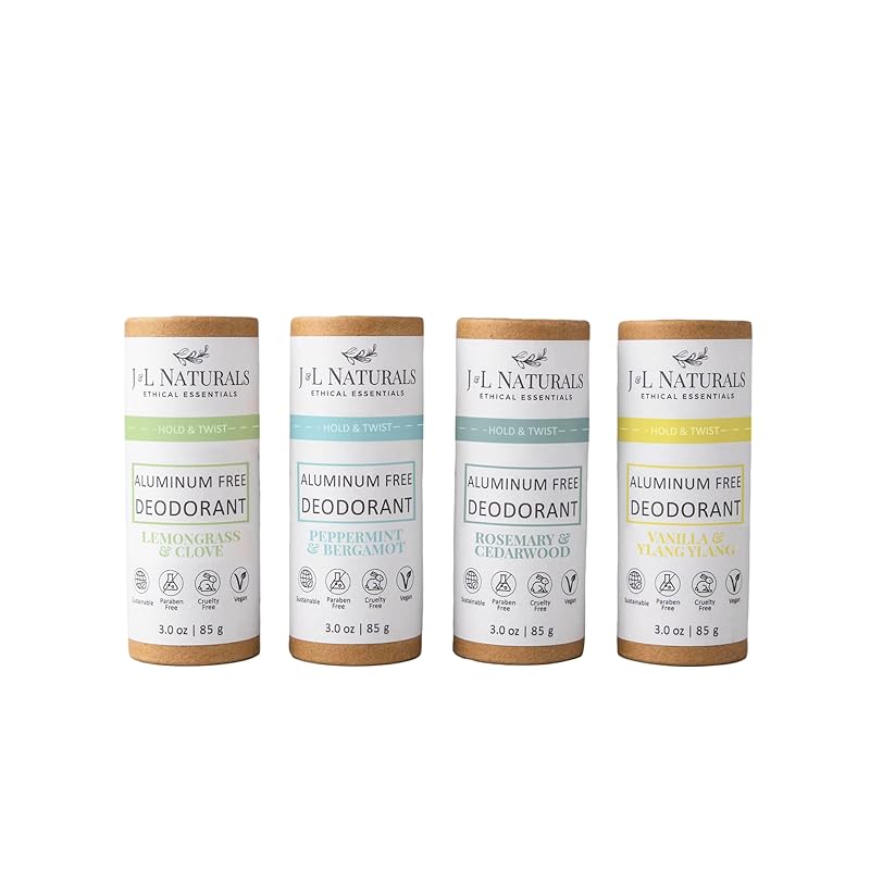 J&L Naturals Aluminum Free Deodorant for Men & Women | 100% Natural Ingredients With Coconut Oil, Shea Butter, & Essential Oils | Sustainable, Eco-Friendly (Woody & Spicy, 3.0 Oz (Pack of 4))