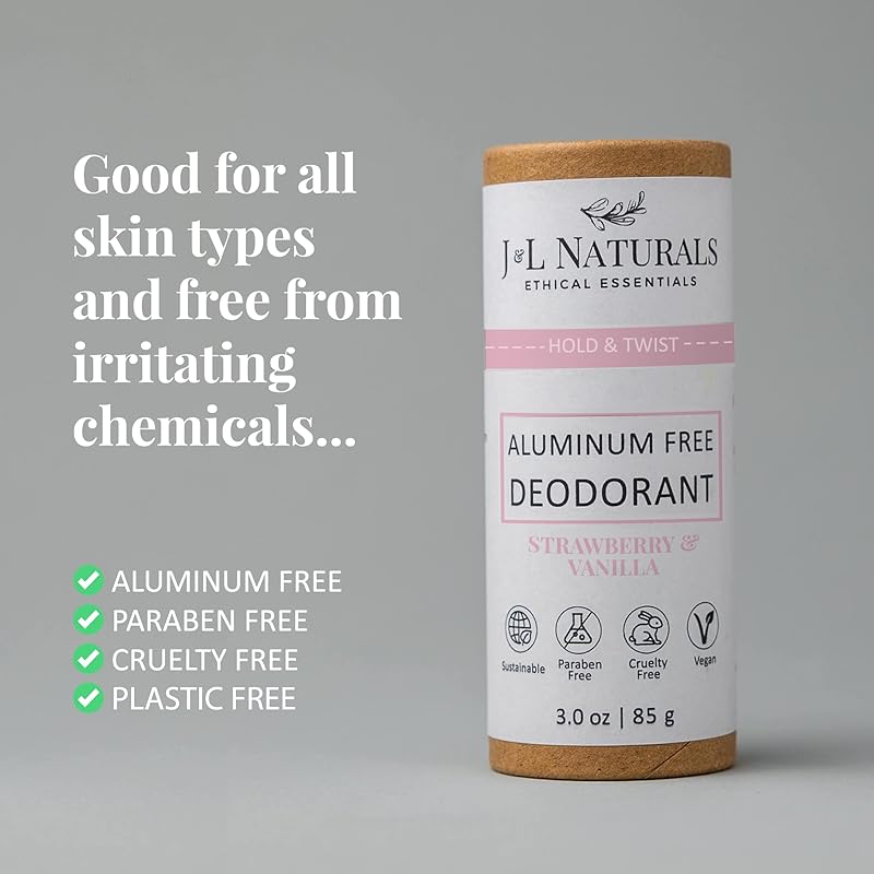 J&L Naturals Aluminum Free Deodorant for Men & Women | 100% Natural Ingredients With Coconut Oil, Shea Butter, & Essential Oils | Sustainable, Eco-Friendly (Strawberry & Vanilla, 3.0 Oz (Single))