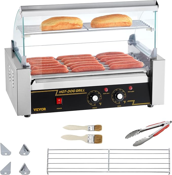 VEVOR Hot Dog Roller 7 Rollers 18 Hot Dogs Capacity 1050W Stainless Sausage Grill Cooker Machine with Dual Temp Control Glass Hood Acrylic Cover Bun Warmer Shelf Removable Oil Drip Tray, ETL Certified