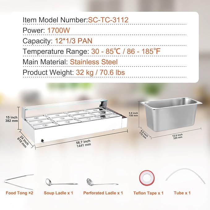 VEVOR 12-Pan Commercial Food Warmer, 12 x 8QT Electric Steam Table with Glass Cover, 1700W Countertop Stainless Steel Buffet Bain Marie 86-185°F Temp Control for Catering, Restaurants, Silver