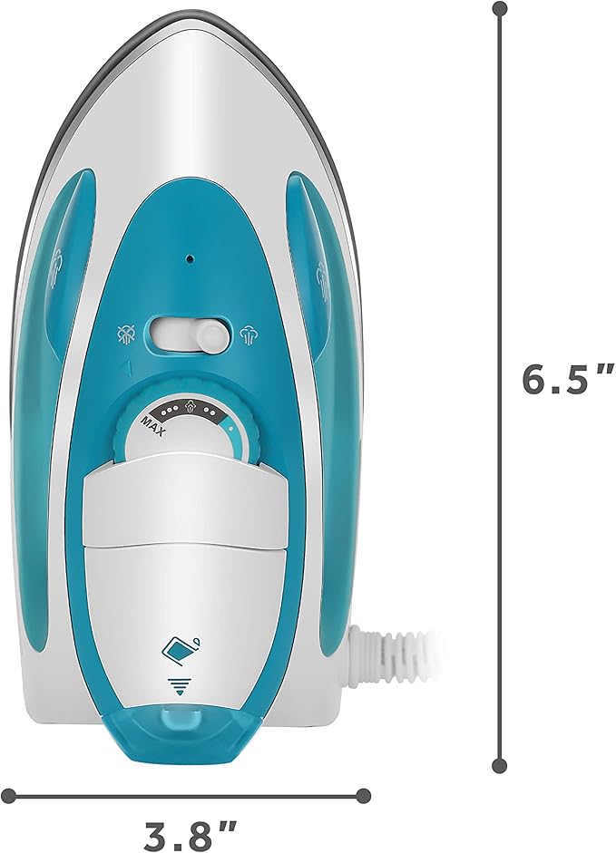 Sunbeam Travel Steam Iron, 1080 Watt, Dual Voltage 120/240, Compact Size, Portable, Non-Stick Soleplate, Soft Touch Handle, Horizontal or Vertical Use, Travel Bag, White and Teal