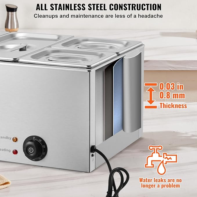 VEVOR 4-Pan Commercial Food Warmer, 16.4QT Electric Steam Table, 1200W Professional Countertop Stainless Steel Buffet Bain Marie with 86-185°F Temp Control for Catering and Restaurants, Silver