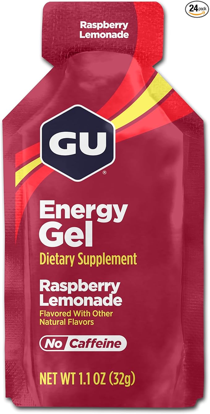 GU Energy Original Sports Nutrition Energy Gel, Vegan, Gluten-Free, Kosher, and Dairy-Free On-The-Go Energy for Any Workout, 24-Count, Raspberry Lemonade