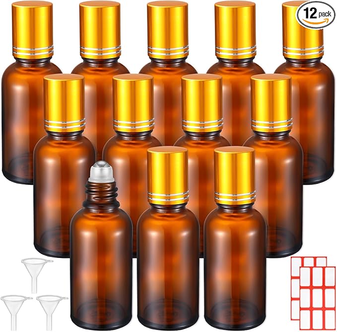 Sumind 12 Pcs 30ml Roller Glass Bottle Essential Oil with Stainless Steel Refillable Sample Container Brown Empty Roller Bottle Applicator with Funnel Sticker for Travel (Gold)