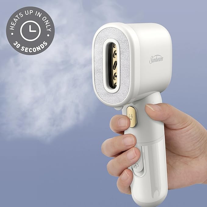 Sunbeam MiniPower 1000W Portable Garment Steamer – Nonstick Steam Plate, 125mL Tank, 8 Minutes Continuous Steam, Horizontal & Vertical Steam, 30-Second Heat-Up, 3-Year Limited Warranty