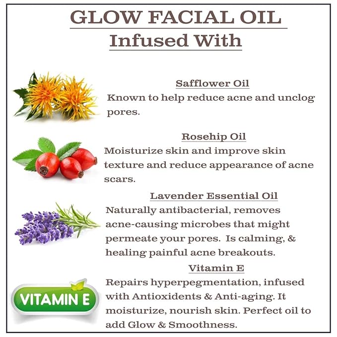 Olivia Care Facial Oil For Glowing Skin Infused with Rosehip, Safflower, Vitamin E & Lavender Essential Oil - Moisturize, Calms, Clear Pores & Antioxidants, Helps in Removing Acne scars
