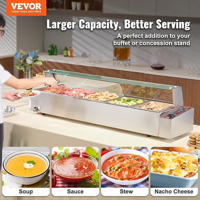 VEVOR 5-Pan Commercial Food Warmer, 5 x 12QT Electric Steam Table with Glass Cover, 1700W Countertop Stainless Steel Buffet Bain Marie 86-185°F Temp Control for Catering, Restaurants, Silver