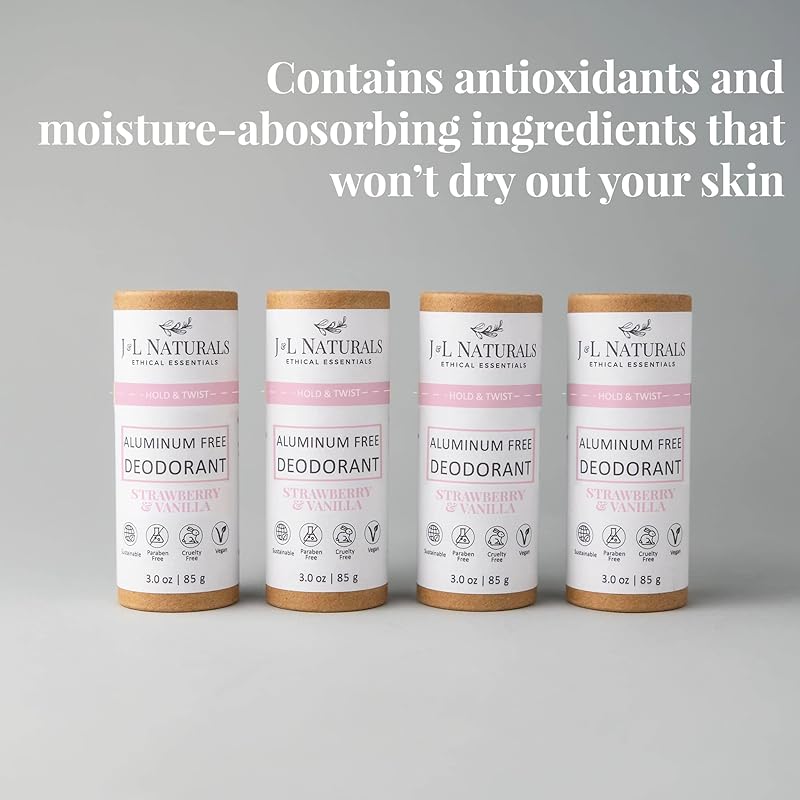 J&L Naturals Aluminum Free Deodorant for Men & Women | 100% Natural Ingredients With Coconut Oil, Shea Butter, & Essential Oils | Sustainable, Eco-Friendly (Strawberry & Vanilla, 3.0 Oz (Pack of 4))