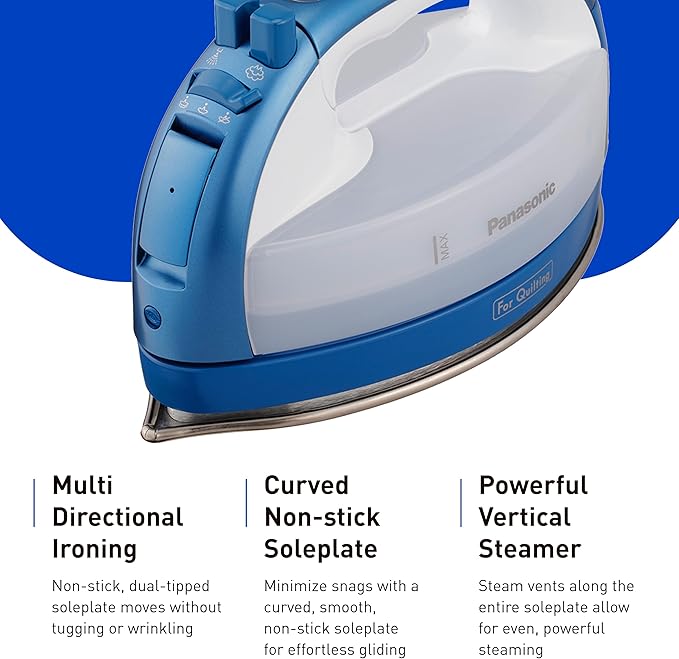 Panasonic Cordless Iron, Portable 360-Degree Freestyle Dry/Steam Iron with Precision Tips and Stainless Steel Soleplate, Anti-Calc and Anti-Drip, Power Base and Carrying/Storage - NI-QL1000A (Blue)