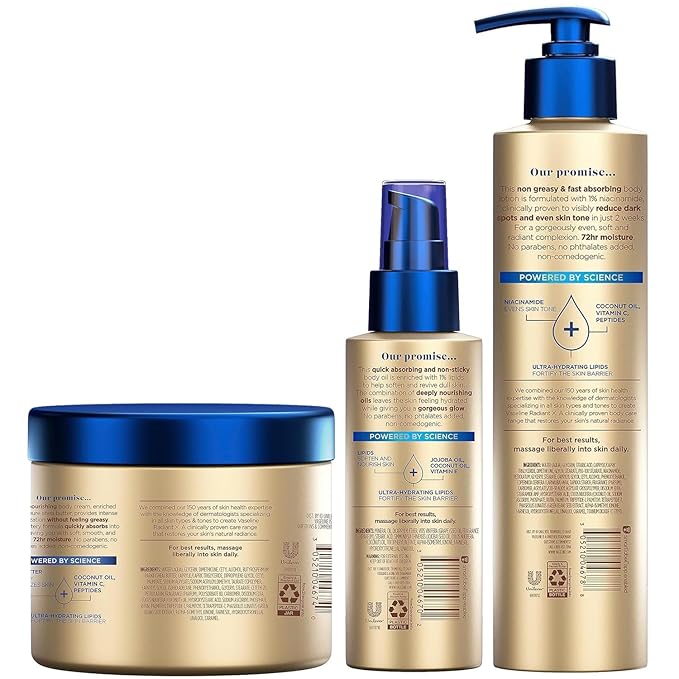 Vaseline Radiant X Skin Care Set – Even Tone Nourishing Body Lotion with 1% Niacinamide, Deep Nourishment Body Cream with Vitamin C + Hydrating Body Oil with Vitamin E (3 Piece Set)