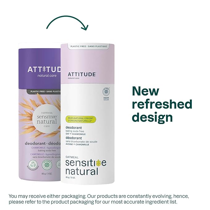 ATTITUDE Baking Soda Free Deodorant for Sensitive Skin with Oatmeal and Chamomile, EWG Verified, Aluminum Free, Plastic-Free, 3 Ounces (Pack of 6)