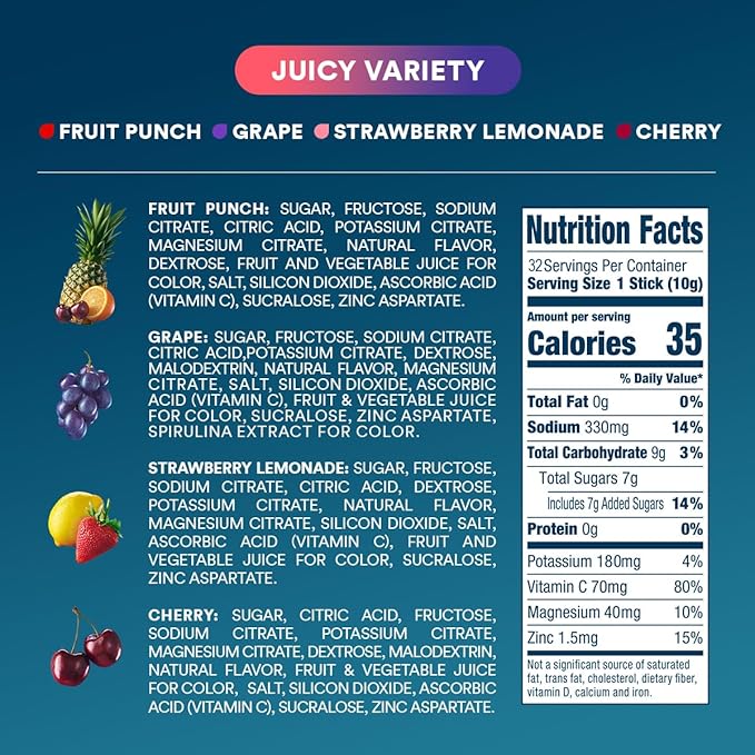 DripDrop Hydration Packets - Juicy Variety Pack - Single Serve Electrolytes Powder Drink Mix - Grape, Fruit Punch, Strawberry Lemonade, Cherry - Non-GMO, Gluten Free, Vegan - 192 Sticks