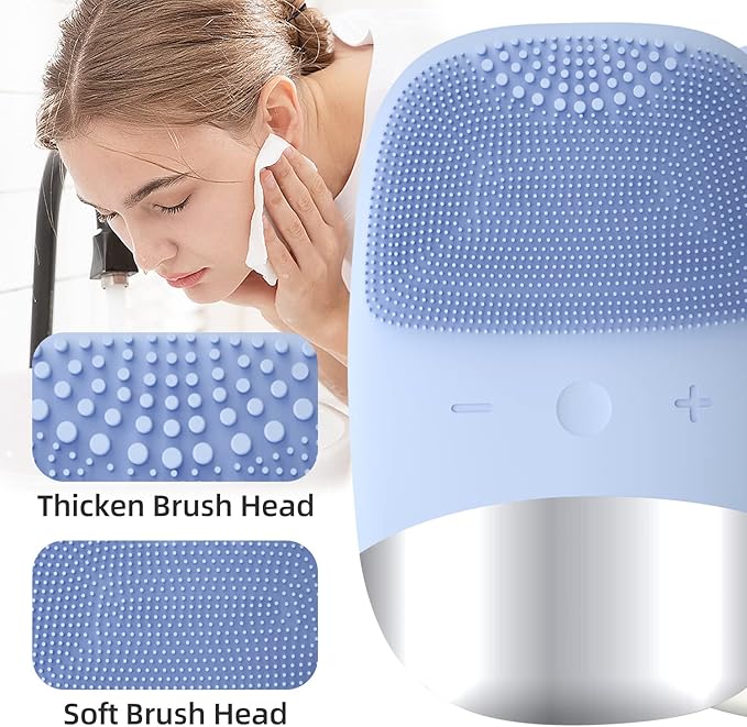 Silicone Face Scrubber, SIWIEY IPX7 Waterproof Sonic Facial Cleansing Brush, USB Rechargeable Sonic Massage Face Brush for Deep Cleansing, Gentle Exfoliating and Massaging (Blue)