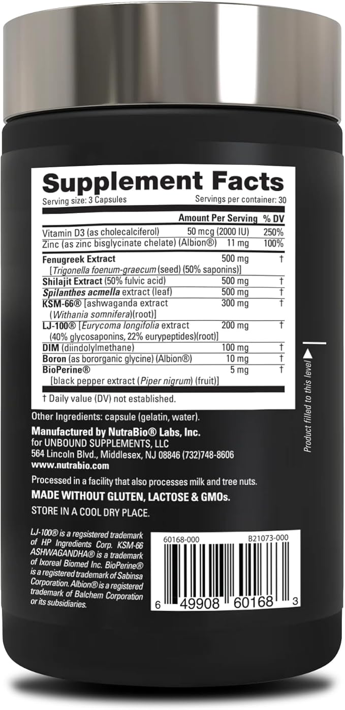 NutraBio Unbound Test, Testosterone Supplement for Men, Testosterone Booster, Libido, Boron, Fenugreek, Tongkat Ali, 90 Capsules